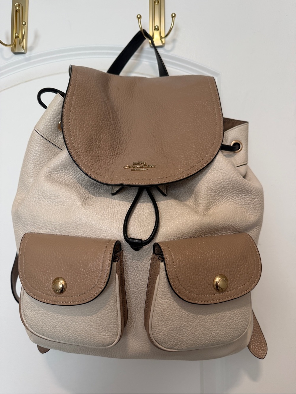 Taupe and Ivory Leather Backpack Purse - Women's Two-Tone Drawstring Bag